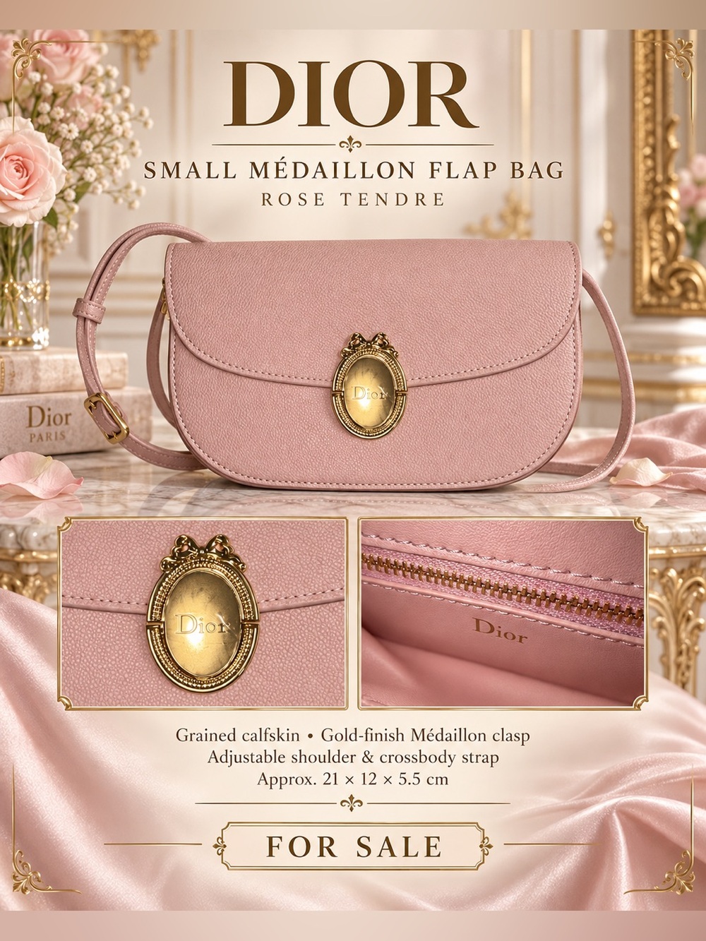 Small Dior Médaillon Flap Bag in soft rose pink grained calfskin🔥New!